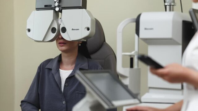 Female patient having her vision tested with a phoropter during an eye examination. Concept eye health, ophthalmology, vision diagnostics, optometry, medical examination.