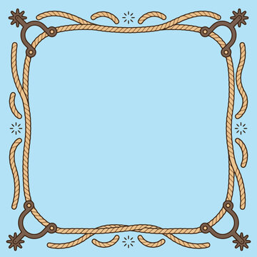 Western rope frame with spurs on blue background