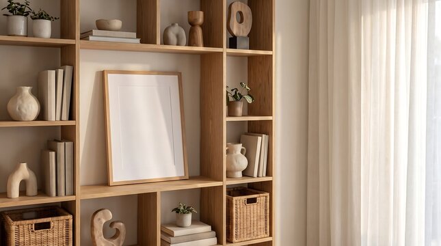 Blank Poster Mockup on Wooden Bookshelf in Minimalist Interior Design Living Room with Natural Soft Sunlight Decor.