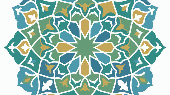 Intricate geometric mandala pattern in teal blue and gold hues