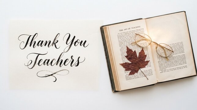 Thank you teachers card with open book appreciation gift concept