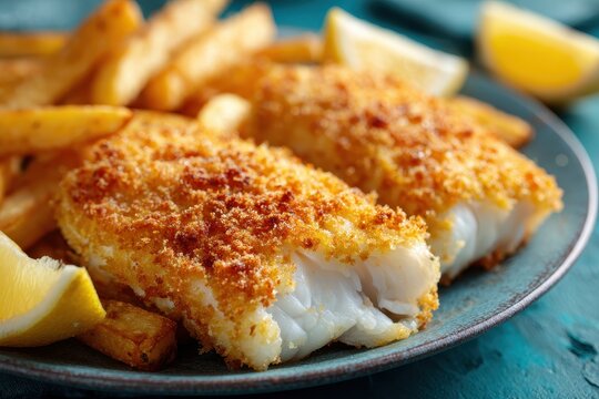 Crispy golden breaded fish fillets served with thick cut french fries and fresh lemon wedges on a blue ceramic plate against a turquoise background, bright natural light for appetizing feel.