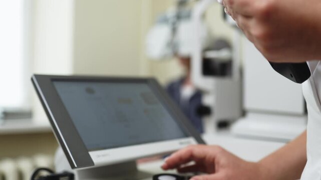 Young woman undergoing a vision examination with a phoropter in a modern ophthalmology clinic. Concept eye care, vision testing, ophthalmology, optometry, preventive healthcare.