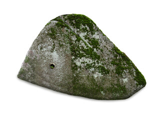 Large mossy triangular stone boulder isolated on white background. © fotomaster