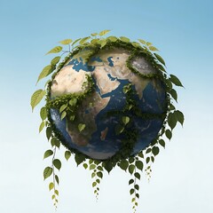 Fototapeta premium Globe overgrown with green vines and leaves against blue sky background