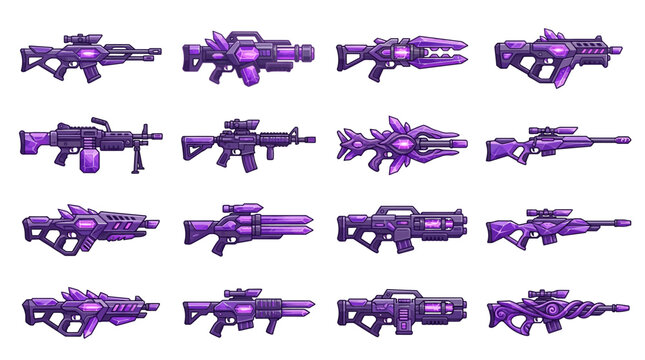 Set of futuristic purple sci-fi laser gun and blaster weapon game sprites