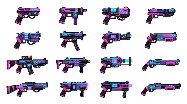 Cyberpunk guns set icons vector illustration futuristic weapons collection
