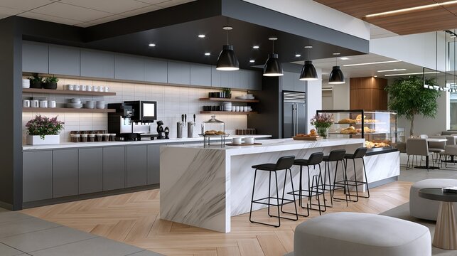 Modern office break room with coffee bar and seating area during daytime lighting