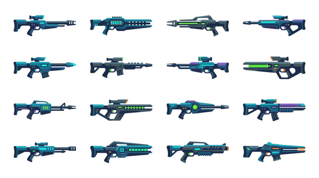 Vibrant pixelated sci-fi blasters and laser guns for gaming, showcasing a diverse futuristic weapon arsenal