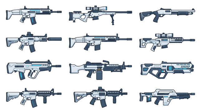 Collection of futuristic sci-fi firearms and combat assault rifles for gaming concept art design
