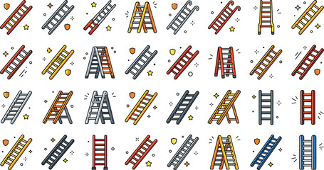Flat vector illustration collection featuring various types of step ladders and extension tools isolated on white background  © Ratna