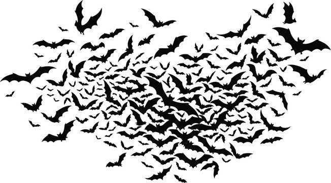 Black bats flying, flock of bats, bat silhouettes, Halloween icons, vector graphics
