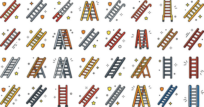 Flat vector illustration collection featuring various types of step ladders and extension tools isolated on white background 