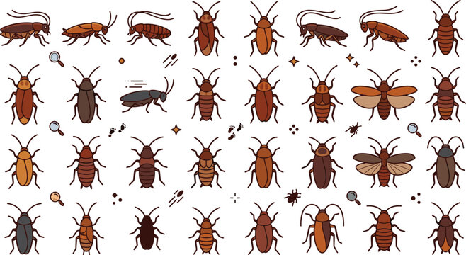Flat vector illustration collection featuring various types of cartoon cockroaches and pest bugs isolated on white background 