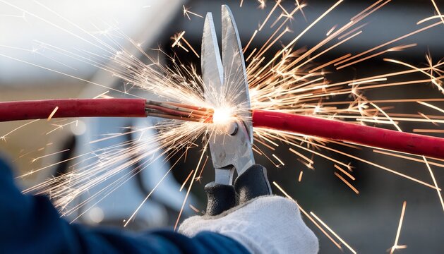 Industrial Wire Cutting With Metal Pliers Producing Bright Sparks And Electrical Hazard Risk Close Up