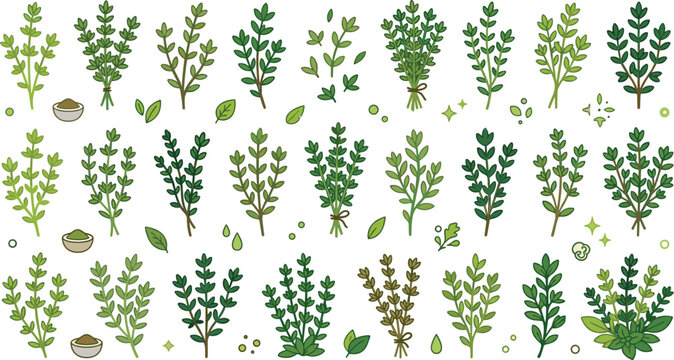 Flat vector illustration collection featuring various types of fresh green thyme herbs isolated on white background
