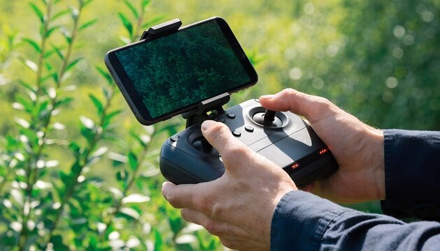 Person Holding A Remote Controller For A Drone With A Mobile Phone Display Outdoors In Green Nature