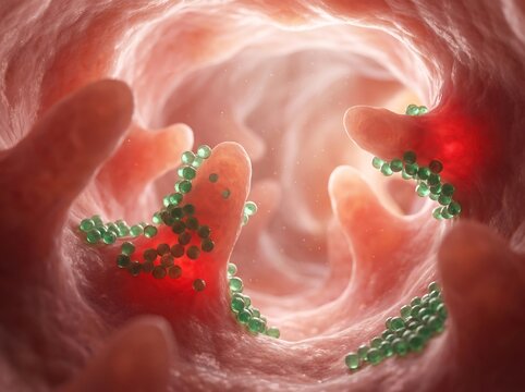 3D Medical Illustration of Cyclospora Cayetanensis Parasites on Intestinal Villi