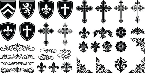 Gothic heraldry elements vector set, vintage coat of arms shields, christian crosses, fleur de lis icons, calligraphic page dividers, corner borders © Graphiccircle