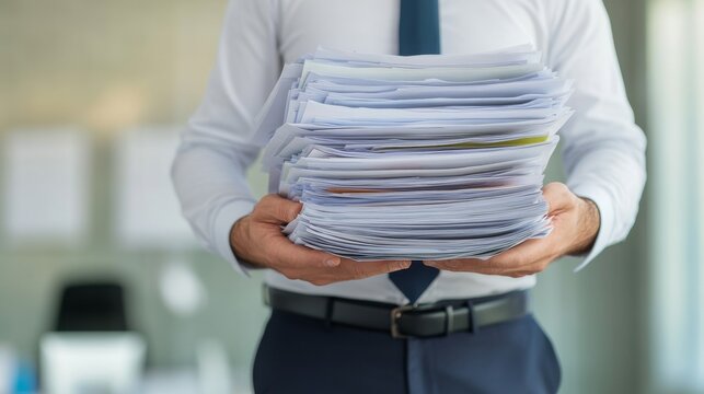 Midsection view of professional man in shirt and tie holding a massive stack of paperwork, representing office burnout and administrative burden, workload, productivity