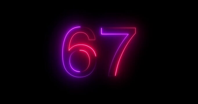 Glowing neon 67 text number animation on black background. Bright neon 67 number symbol. glowing neon number animation concept