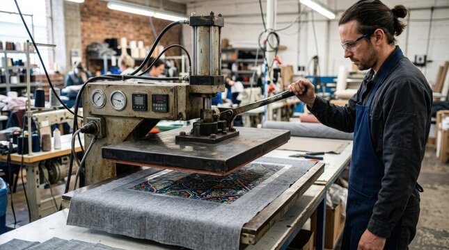 Medium shot of fabric laying flat as patterned heattransfer film is being applied under heat and pressure in a textile production workshop.