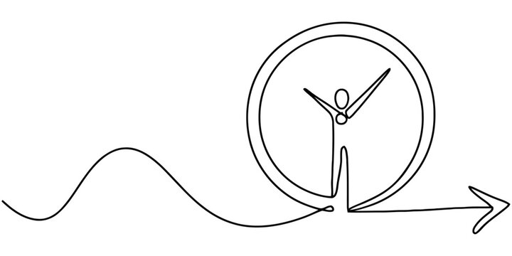 Continuous single line drawing of a person standing inside a clock face with an arrow showing progress and time management concept Vector, illustration
