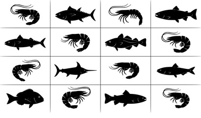 Obraz premium Shrimp and fish black silhouette collection seafood vector illustration isolated on white background