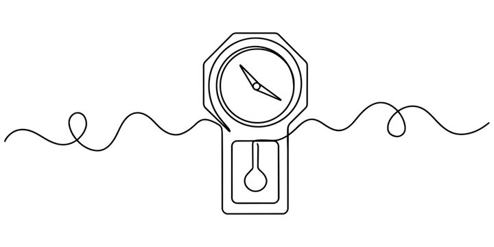Continuous single line drawing of an old wooden pendulum wall clock with a swinging weight isolated on a white background Vector, illustration