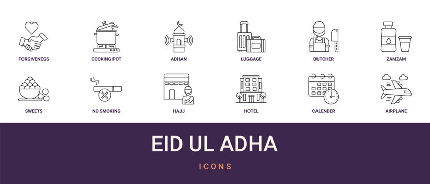 Set of 12 outline web Eid Ul Adha icons such as airplane, calender, hotel, hajj, no smoking, sweets, zamzam vector icons for report, presentation, diagram, web design, mobile app
