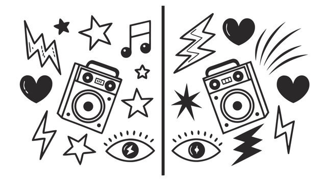 Vector illustration of set of doodle elements with boomboxes, lightning bolts, stars, hearts, music note and eyes