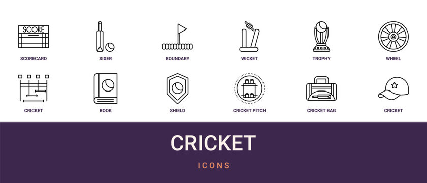 Set of 12 outline web Cricket icons such as cricket, cricket bag, cricket pitch, shield, book, wheel vector icons for report, presentation, diagram, web design, mobile app
