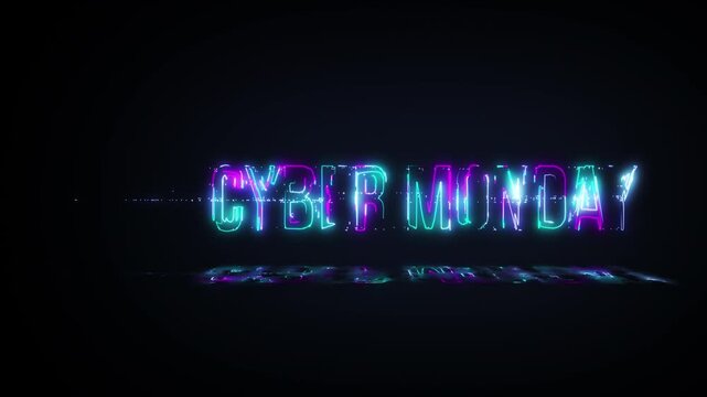 Animation text of Cyber Monday laser neon glitch text effect on black abstract backgroud. Promote advertising concept isolate using QuickTime Alpha Channel proress 444