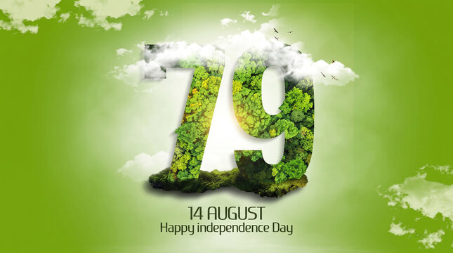 Green nature 79 number concept for 14 August Happy Independence Day, eco friendly foliage texture on green background, national celebration poster