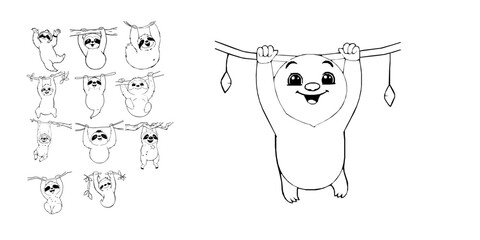 Obraz premium Happy Cartoon Sloth Hanging Upside Down Coloring Page