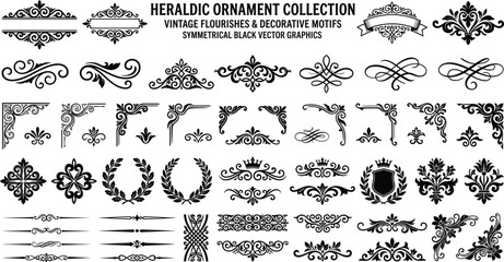 Heraldic ornament vector collection, vintage flourishes, decorative calligraphic corner borders, page dividers, laurel wreaths, fleur de lis vignettes, symmetrical black elements © Graphiccircle