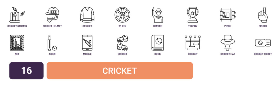 Set of 16 outline web Cricket icons such as cricket ticket, cricket hat, cricket, book, mobile, sixer vector icons for report, presentation, diagram, web design, mobile app
