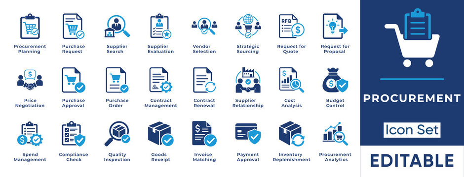 Procurement management icon set featuring supplier sourcing, vendor selection, RFQ and RFP, purchase orders, contract management, spend control, invoice matching, and analytics.