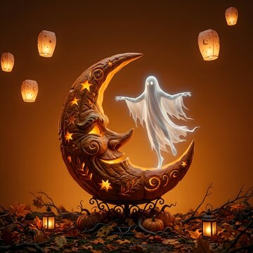A glowing ghost floating above a crescent moon pumpkin carving with floating lights