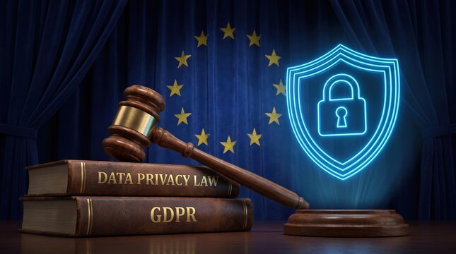 Gavel and law books with glowing neon shield and padlock icon representing data privacy laws, gdpr, and legal security