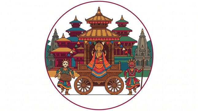 Indra Jatra Festival Illustration Featuring Traditional Nepali Chariot and Dancers
