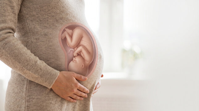 Pregnant woman holding belly featuring internal fetus anatomy graphic illustration