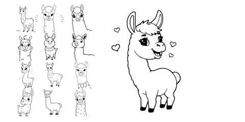 Fototapeta premium Smiling Cartoon Llama Coloring Page