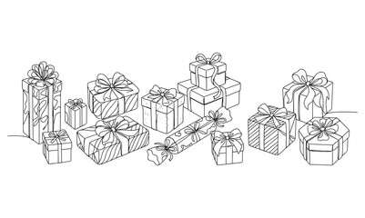 Obraz premium Gift Boxes Icon Set with Ribbon Bows and Decorative Line Art, Arranged in a Cheerful Holiday Concept