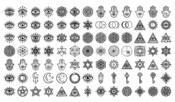 Evil Eye Sacred Geometry Doodle Vector Illustration Set
