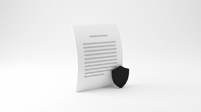 3D vertical sheet with small shield document icon isolated on white ba