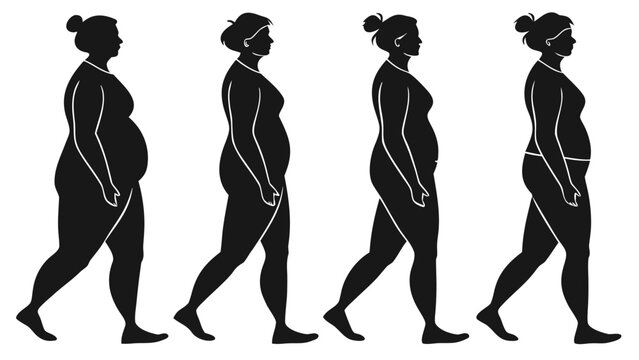 Vector illustration of silhouette of a woman showing weight loss progress in four stages