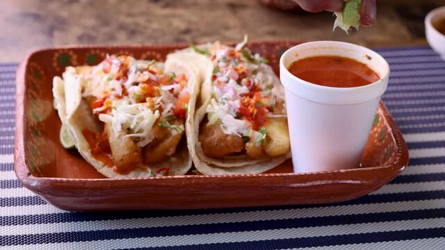 Squeezing lime juice over baja style fish tacos with salsa on a ceramic plate