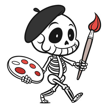 Vector illustration of cute cartoon skeleton artist holding a paintbrush and a paint palette
