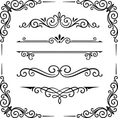 Vintage ornate frame and dividers vector set, calligraphic scroll corner borders, filigree horizontal page lines, fleur de lis vignettes, black collection © Graphiccircle